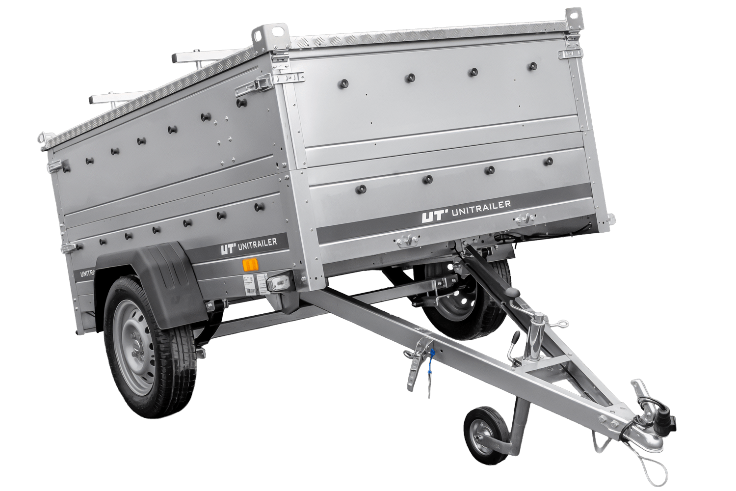 UNITRAILER Garden 201/R KIPP – PKW-Anhänger 200,6 × 125,6 cm – 750 kg – Einachser – mit Blattfederung – Aluminiumhaube – Zusatzbordwände: zusätzliche Vollwand-Stahlbordwände – Ansicht 1