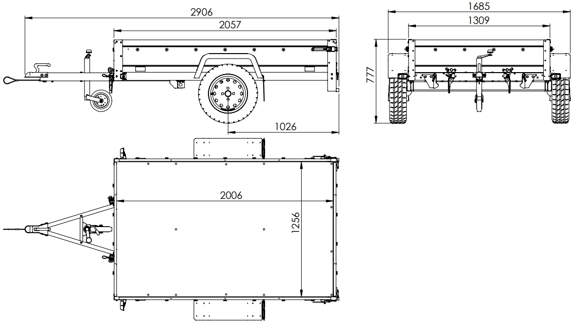 UNITRAILER Garden 201/R KIPP – PKW-Anhänger 200,6 × 125,6 cm – 750 kg – Einachser – mit Blattfederung – Aluminiumhaube – Zusatzbordwände: zusätzliche Vollwand-Stahlbordwände – Ansicht 2