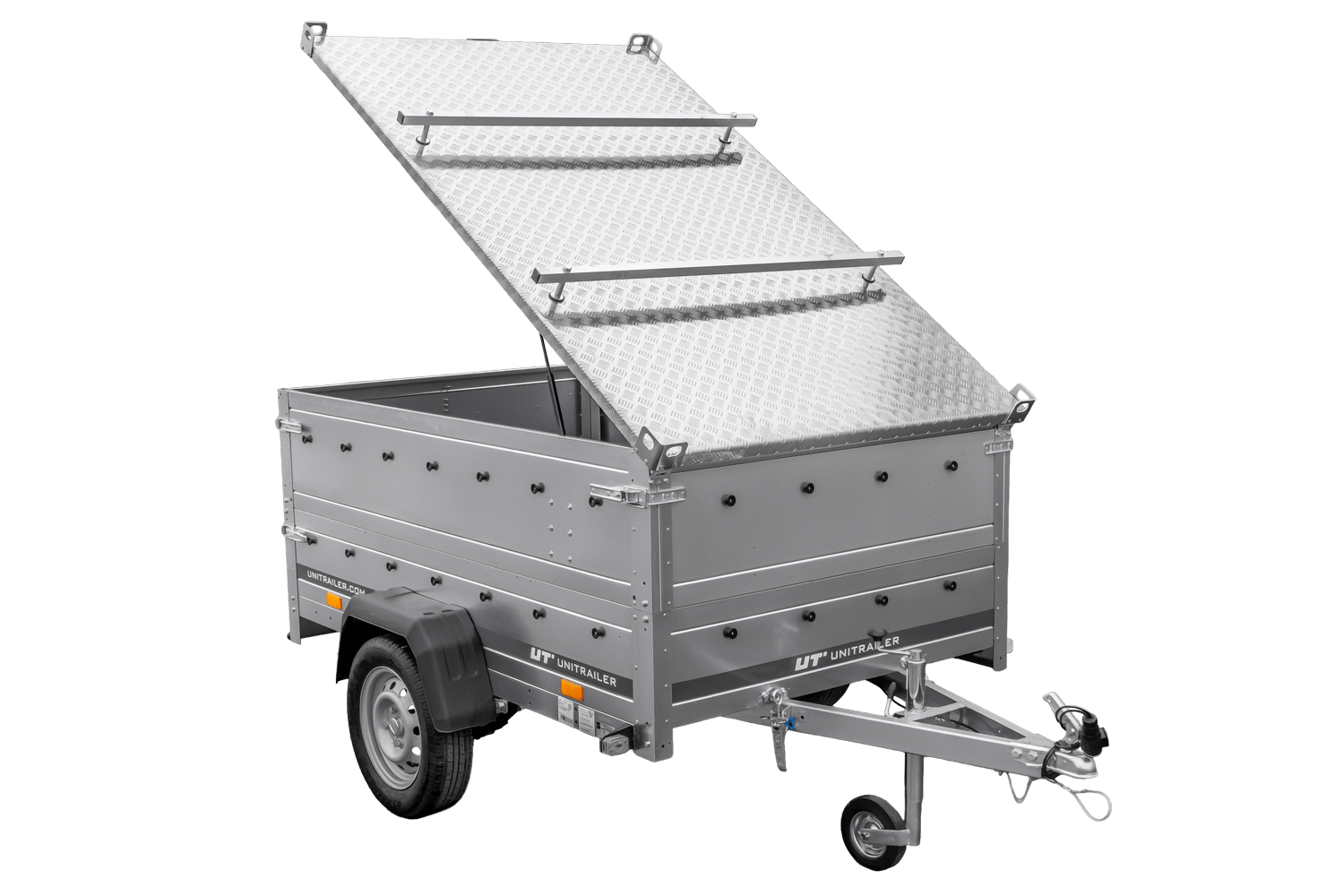 UNITRAILER Garden 201/R KIPP – PKW-Anhänger 200,6 × 125,6 cm – 750 kg – Einachser – mit Blattfederung – Aluminiumhaube – Zusatzbordwände: zusätzliche Vollwand-Stahlbordwände – Ansicht 4
