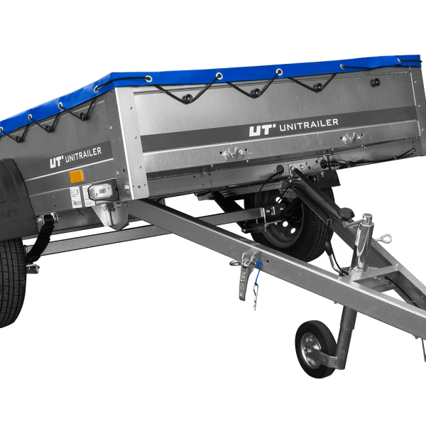 UNITRAILER Garden 201/R KIPP – PKW-Anhänger 200,6 × 125,6 cm – 750 kg – Einachser – mit Blattfederung – flache blaue Plane – mit Flachplanenträger – Ansicht 1