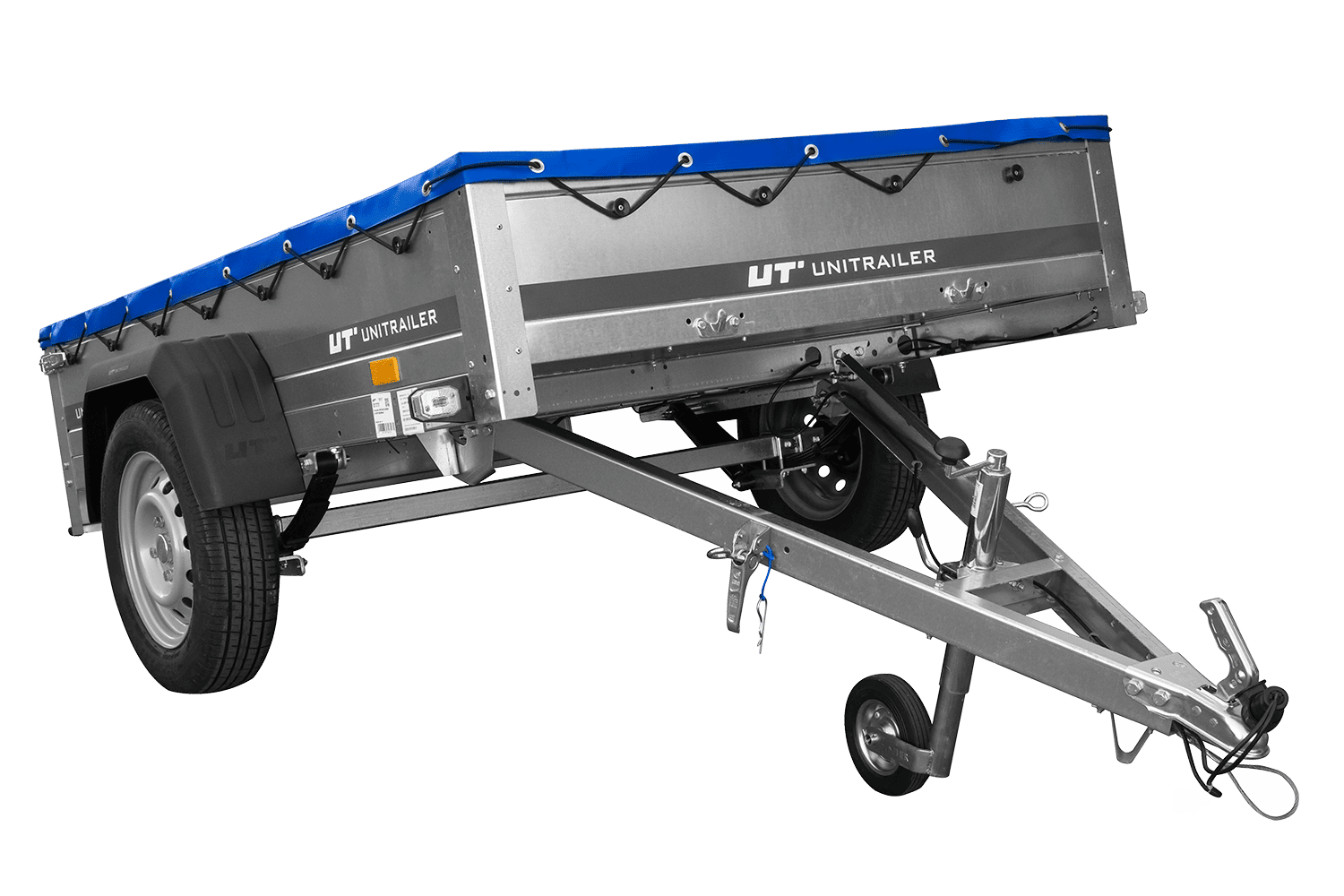 UNITRAILER Garden 201/R KIPP – PKW-Anhänger 200,6 × 125,6 cm – 750 kg – Einachser – mit Blattfederung – flache blaue Plane – mit Flachplanenträger – Ansicht 1