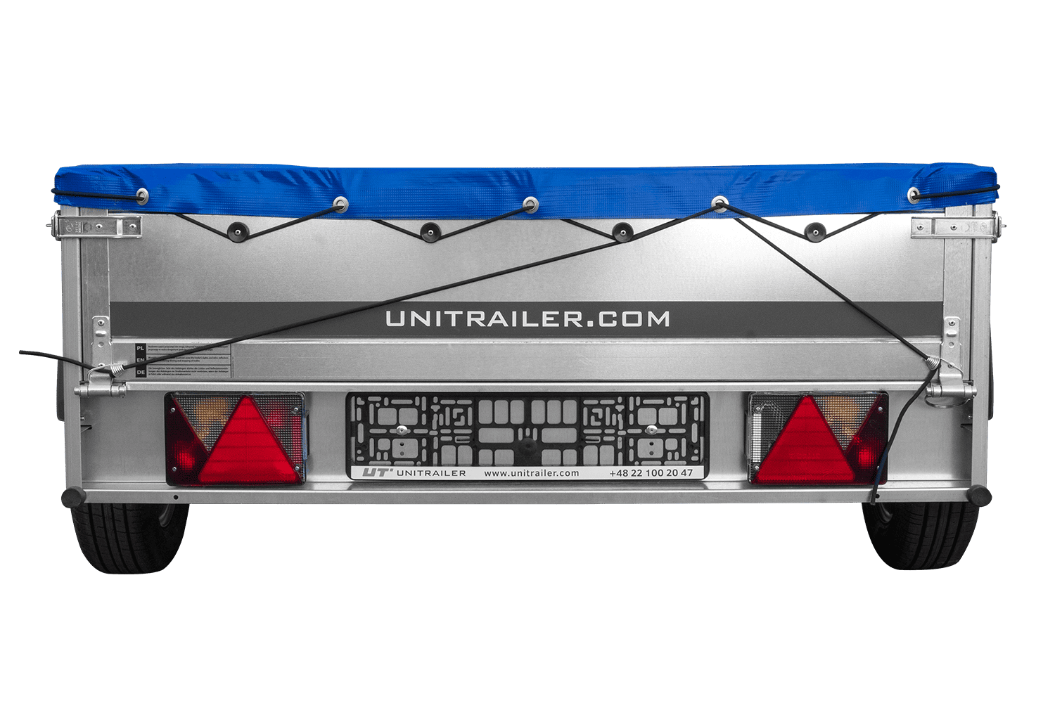 UNITRAILER Garden 201/R KIPP – PKW-Anhänger 200,6 × 125,6 cm – 750 kg – Einachser – mit Blattfederung – flache blaue Plane – mit Flachplanenträger – Ansicht 2