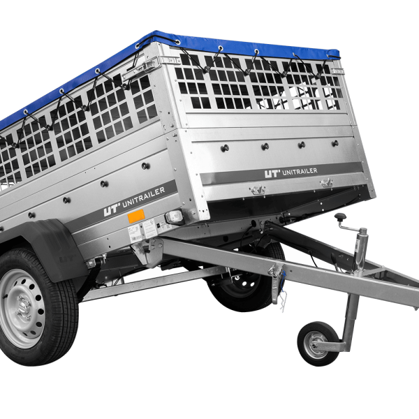 UNITRAILER Garden 201/R KIPP – PKW-Anhänger 200,6 × 125,6 cm – 750 kg – Einachser – mit Blattfederung – flache blaue Plane – Zusatzbordwände: Stahlgitterbordwände – mit Flachplanenträger – Ansicht 1