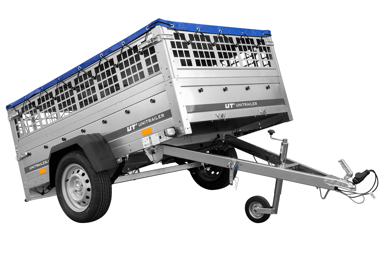 UNITRAILER Garden 201/R KIPP – PKW-Anhänger 200,6 × 125,6 cm – 750 kg – Einachser – mit Blattfederung – flache blaue Plane – Zusatzbordwände: Stahlgitterbordwände – mit Flachplanenträger – Ansicht 1