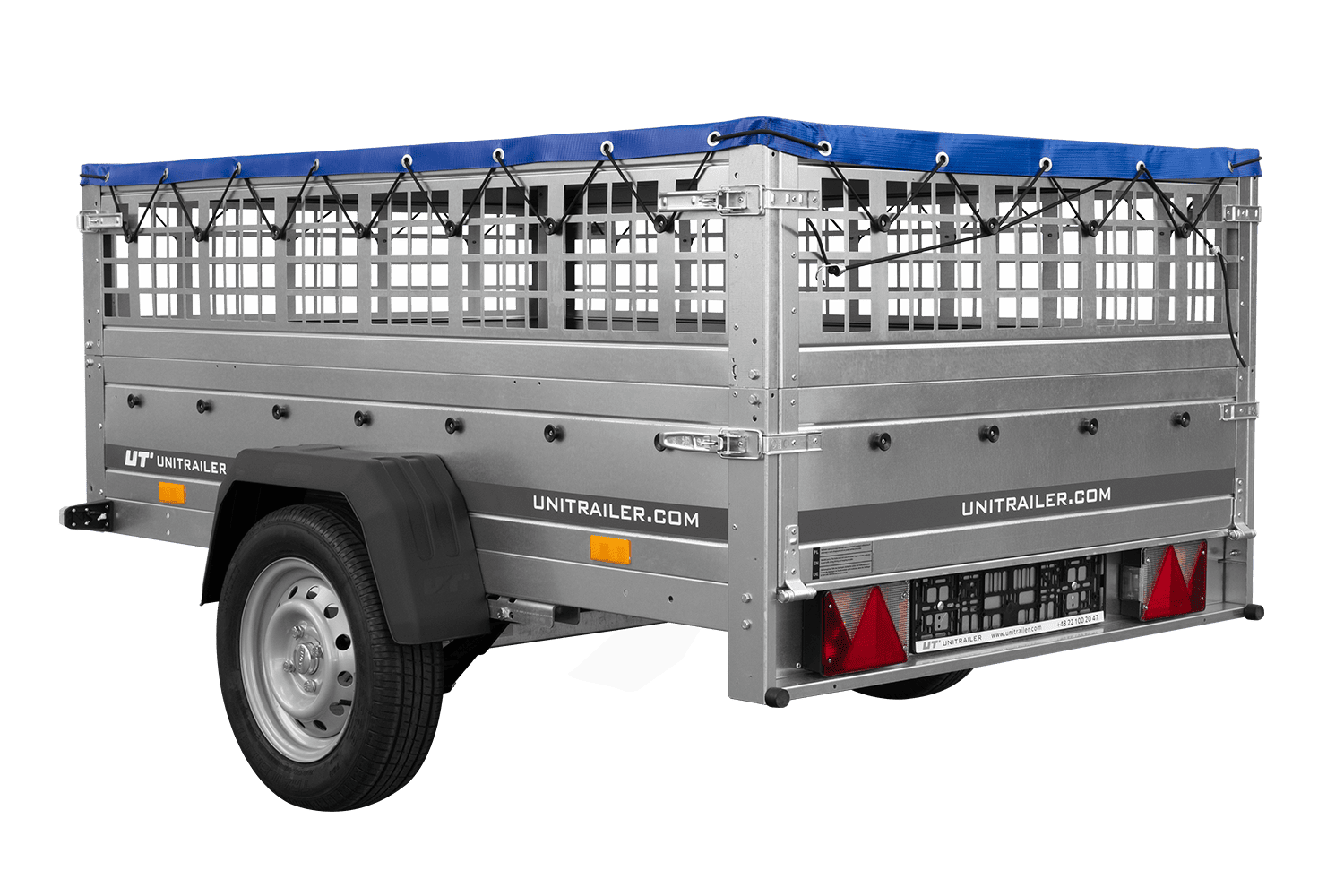 UNITRAILER Garden 201/R KIPP – PKW-Anhänger 200,6 × 125,6 cm – 750 kg – Einachser – mit Blattfederung – flache blaue Plane – Zusatzbordwände: Stahlgitterbordwände – mit Flachplanenträger – Ansicht 3