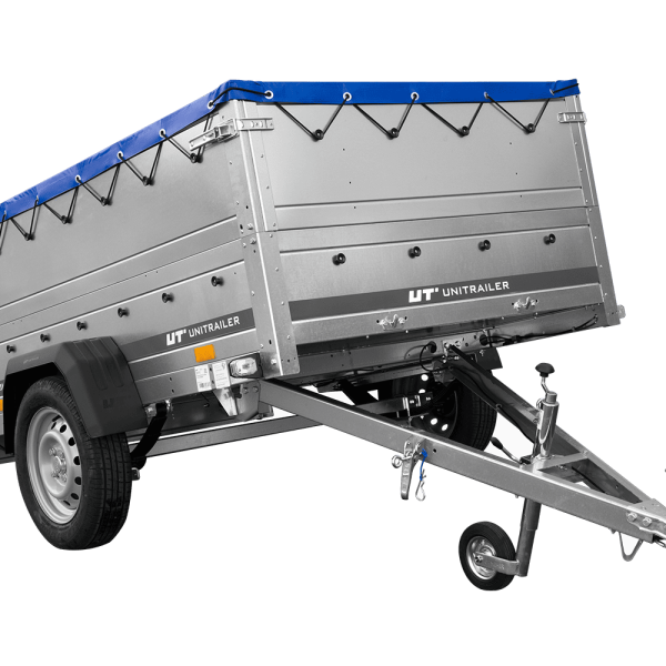 UNITRAILER Garden 201/R KIPP – PKW-Anhänger 200,6 × 125,6 cm – 750 kg – Einachser – mit Blattfederung – flache blaue Plane – Zusatzbordwände: zusätzliche Vollwand-Stahlbordwände – mit Flachplanenträger – Ansicht 1