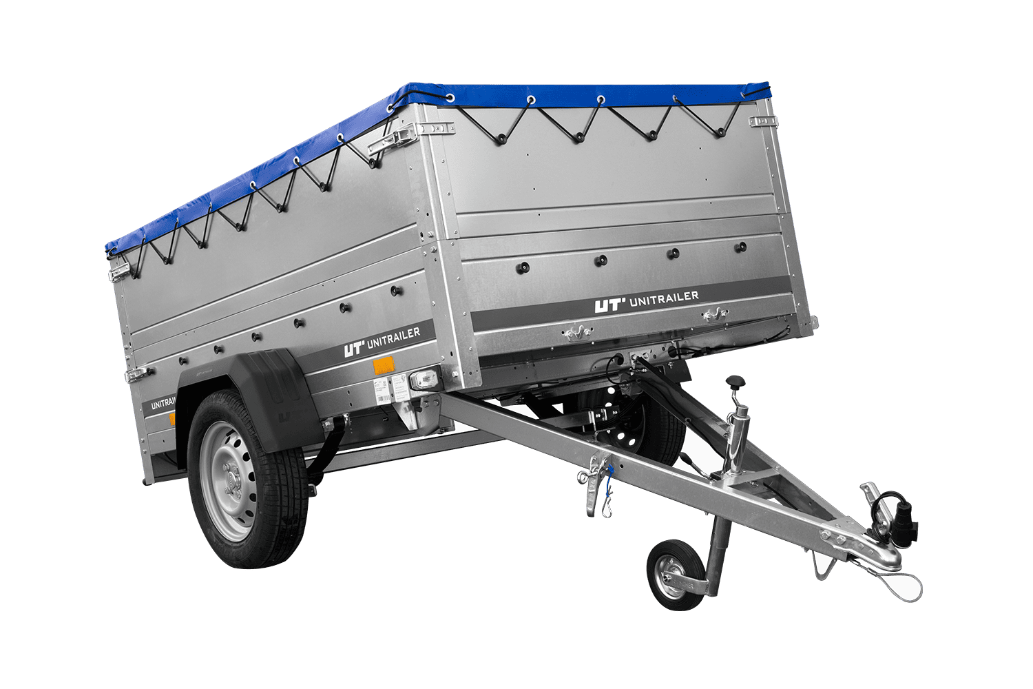 UNITRAILER Garden 201/R KIPP – PKW-Anhänger 200,6 × 125,6 cm – 750 kg – Einachser – mit Blattfederung – flache blaue Plane – Zusatzbordwände: zusätzliche Vollwand-Stahlbordwände – mit Flachplanenträger – Ansicht 1
