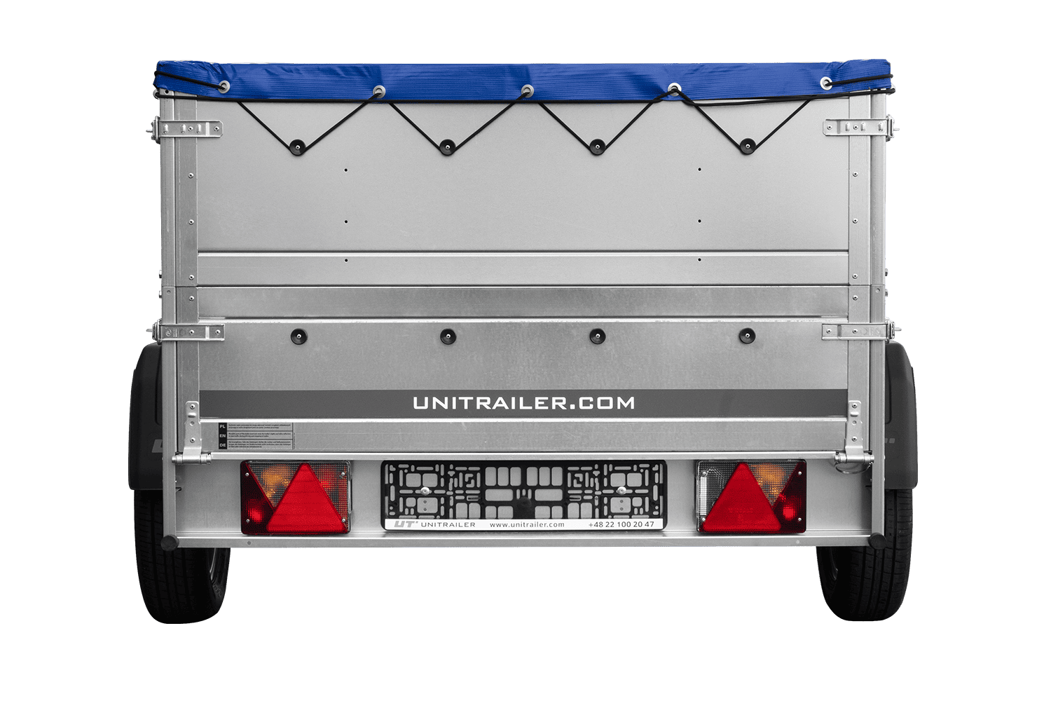 UNITRAILER Garden 201/R KIPP – PKW-Anhänger 200,6 × 125,6 cm – 750 kg – Einachser – mit Blattfederung – flache blaue Plane – Zusatzbordwände: zusätzliche Vollwand-Stahlbordwände – mit Flachplanenträger – Ansicht 2