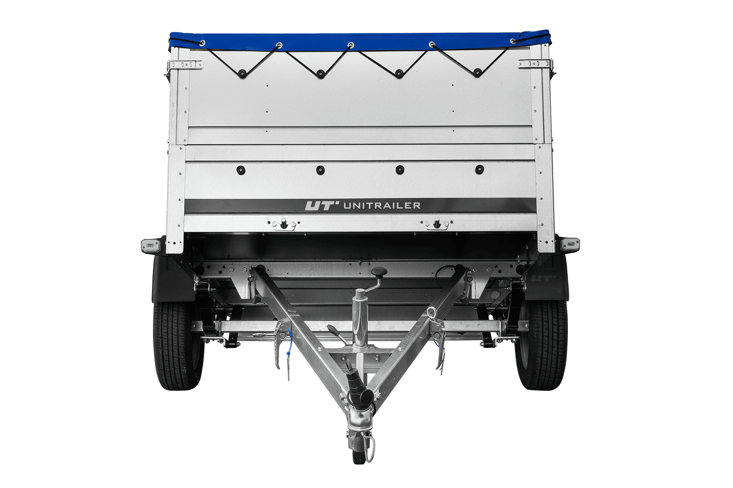 UNITRAILER Garden 201/R KIPP – PKW-Anhänger 200,6 × 125,6 cm – 750 kg – Einachser – mit Blattfederung – flache blaue Plane – Zusatzbordwände: zusätzliche Vollwand-Stahlbordwände – mit Flachplanenträger – Ansicht 5