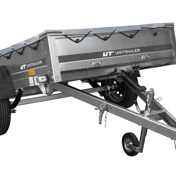 UNITRAILER Garden 201/R KIPP – PKW-Anhänger 200,6 × 125,6 cm – 750 kg – Einachser – mit Blattfederung – flache graue Plane – mit Flachplanenträger – Ansicht 1