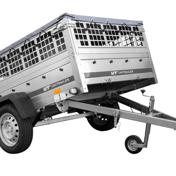 UNITRAILER Garden 201/R KIPP – PKW-Anhänger 200,6 × 125,6 cm – 750 kg – Einachser – mit Blattfederung – flache graue Plane – Zusatzbordwände: Stahlgitterbordwände – mit Flachplanenträger – Ansicht 1