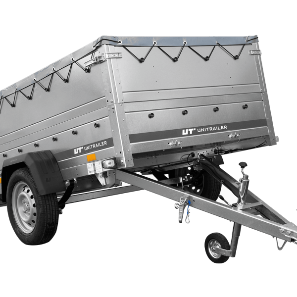 UNITRAILER Garden 201/R KIPP – PKW-Anhänger 200,6 × 125,6 cm – 750 kg – Einachser – mit Blattfederung – flache graue Plane – Zusatzbordwände: zusätzliche Vollwand-Stahlbordwände – mit Flachplanenträger – Ansicht 1
