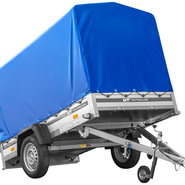 UNITRAILER Garden 230 KIPP ALU – PKW-Anhänger 230,5 × 125,6 cm – 750 kg – Einachser – 110 cm hohe blaue Plane – Ansicht 1
