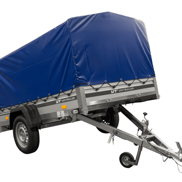 UNITRAILER Garden 230 KIPP ALU – PKW-Anhänger 230,5 × 125,6 cm – 750 kg – Einachser – 80 cm hohe blaue Plane – Ansicht 1