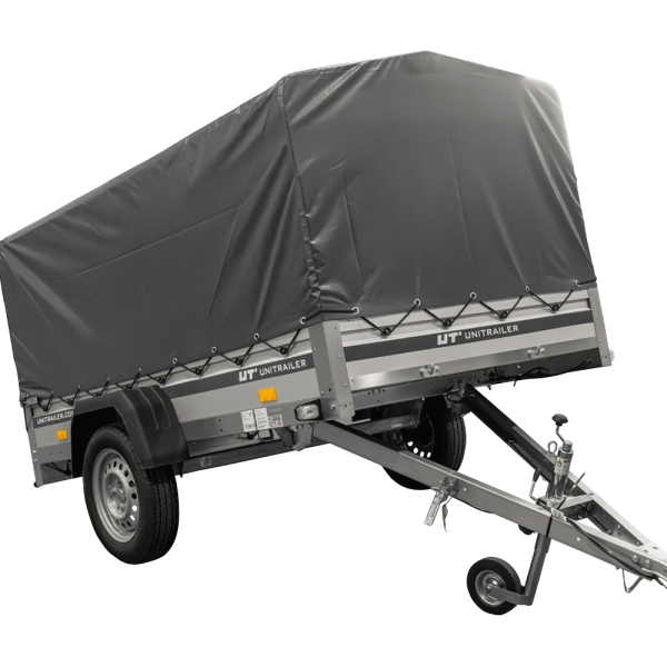 UNITRAILER Garden 230 KIPP ALU – PKW-Anhänger 230,5 × 125,6 cm – 750 kg – Einachser – 80 cm hohe graue Plane – Ansicht 1