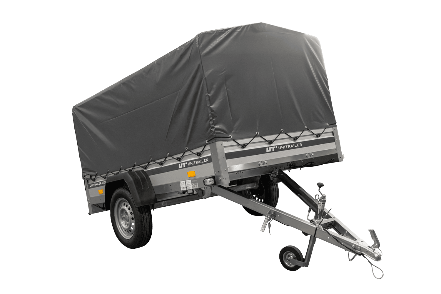 UNITRAILER Garden 230 KIPP ALU – PKW-Anhänger 230,5 × 125,6 cm – 750 kg – Einachser – 80 cm hohe graue Plane – Ansicht 1