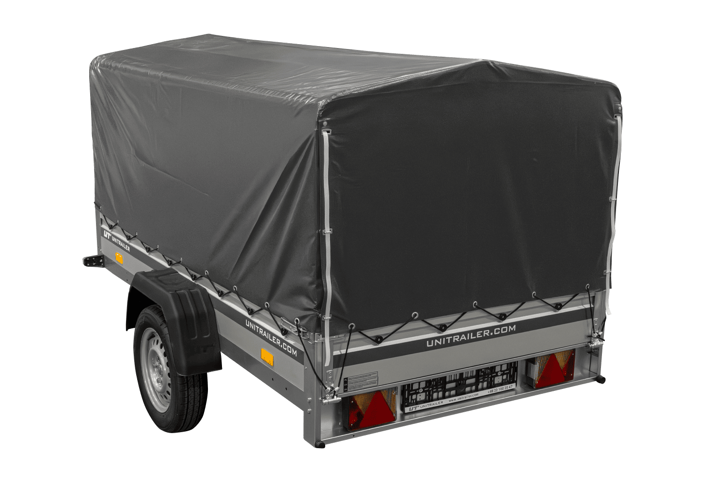UNITRAILER Garden 230 KIPP ALU – PKW-Anhänger 230,5 × 125,6 cm – 750 kg – Einachser – 80 cm hohe graue Plane – Ansicht 5
