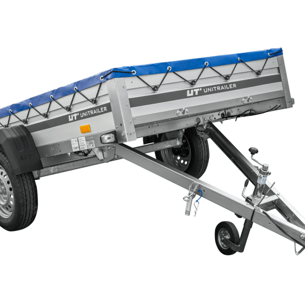 UNITRAILER Garden 230 KIPP ALU – PKW-Anhänger 230,5 × 125,6 cm – 750 kg – Einachser – flache blaue Plane – Ansicht 1
