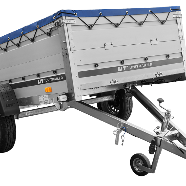 UNITRAILER Garden 230 KIPP ALU – PKW-Anhänger 230,5 × 125,6 cm – 750 kg – Einachser – flache blaue Plane – Zusatzbordwände: zusätzliche Vollwand-Stahlbordwände – Ansicht 1