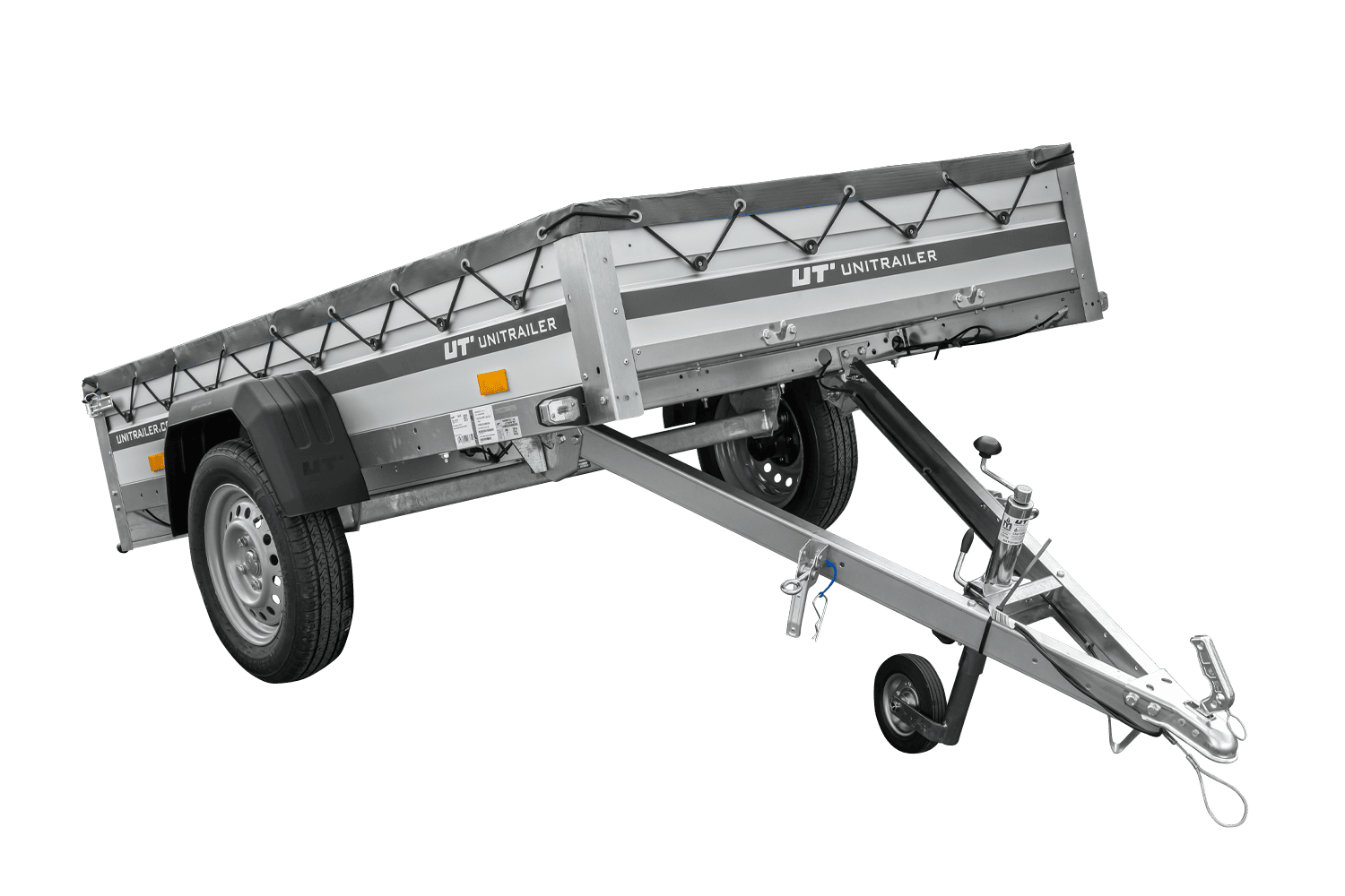 UNITRAILER Garden 230 KIPP ALU – PKW-Anhänger 230,5 × 125,6 cm – 750 kg – Einachser – flache graue Plane – Ansicht 1