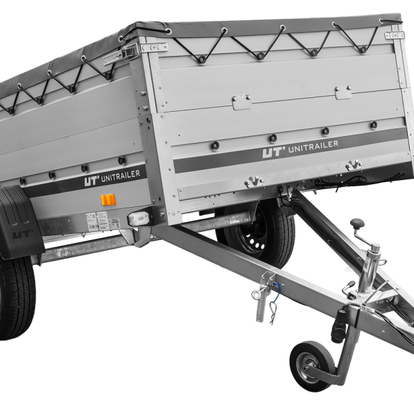 UNITRAILER Garden 230 KIPP ALU – PKW-Anhänger 230,5 × 125,6 cm – 750 kg – Einachser – flache graue Plane – Zusatzbordwände: zusätzliche Vollwand-Stahlbordwände – Ansicht 1