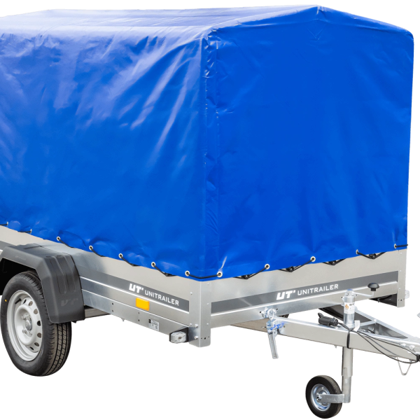 UNITRAILER Garden 230/R KIPP – PKW-Anhänger 230,4 × 125,6 cm – 750 kg – Einachser – mit Blattfederung – 110 cm hohe blaue Plane – Ansicht 1
