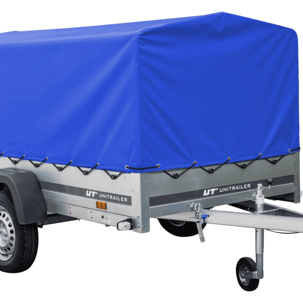 UNITRAILER Garden 230/R KIPP – PKW-Anhänger 230,4 × 125,6 cm – 750 kg – Einachser – mit Blattfederung – 80 cm hohe blaue Plane – Ansicht 1
