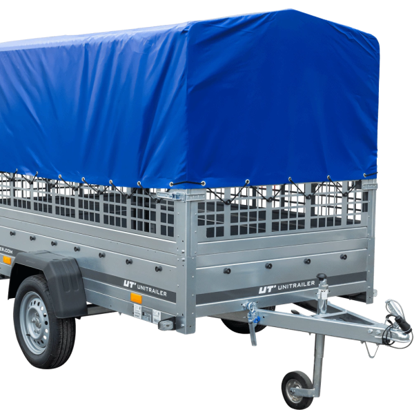 UNITRAILER Garden 230/R KIPP – PKW-Anhänger 230,4 × 125,6 cm – 750 kg – Einachser – mit Blattfederung – 80 cm hohe blaue Plane – Zusatzbordwände: Stahlgitterbordwände – Ansicht 1