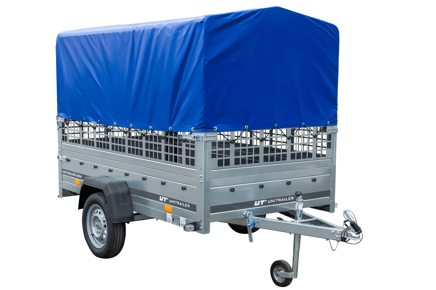 UNITRAILER Garden 230/R KIPP – PKW-Anhänger 230,4 × 125,6 cm – 750 kg – Einachser – mit Blattfederung – 80 cm hohe blaue Plane – Zusatzbordwände: Stahlgitterbordwände – Ansicht 1