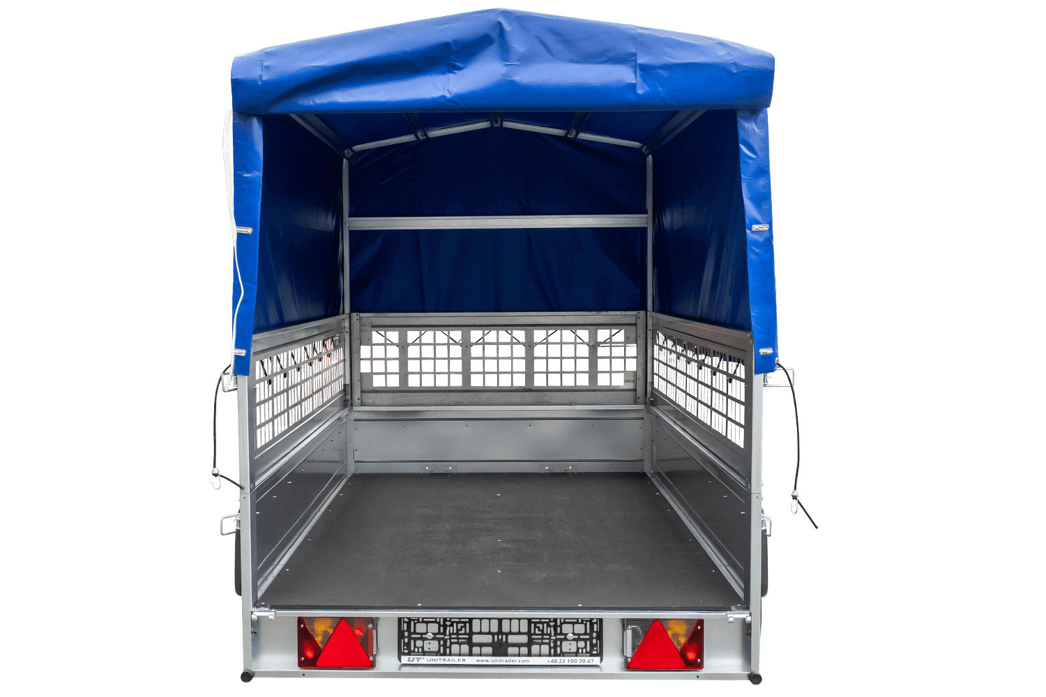 UNITRAILER Garden 230/R KIPP – PKW-Anhänger 230,4 × 125,6 cm – 750 kg – Einachser – mit Blattfederung – 80 cm hohe blaue Plane – Zusatzbordwände: Stahlgitterbordwände – Ansicht 5