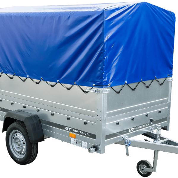 UNITRAILER Garden 230/R KIPP – PKW-Anhänger 230,4 × 125,6 cm – 750 kg – Einachser – mit Blattfederung – 80 cm hohe blaue Plane – Zusatzbordwände: zusätzliche Vollwand-Stahlbordwände – Ansicht 1