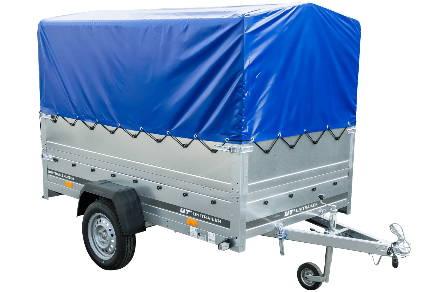 UNITRAILER Garden 230/R KIPP – PKW-Anhänger 230,4 × 125,6 cm – 750 kg – Einachser – mit Blattfederung – 80 cm hohe blaue Plane – Zusatzbordwände: zusätzliche Vollwand-Stahlbordwände – Ansicht 1