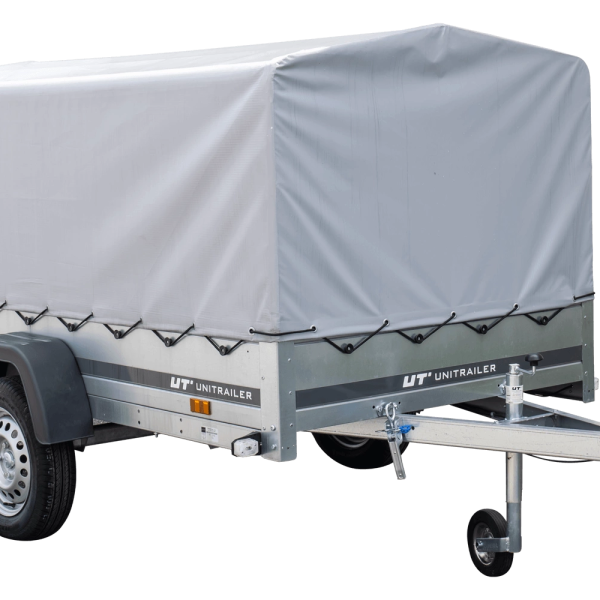 UNITRAILER Garden 230/R KIPP – PKW-Anhänger 230,4 × 125,6 cm – 750 kg – Einachser – mit Blattfederung – 80 cm hohe graue Plane – Ansicht 1