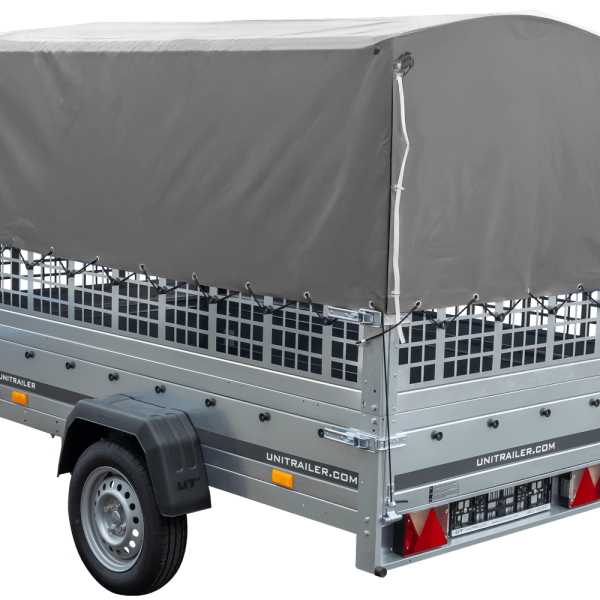 UNITRAILER Garden 230/R KIPP – PKW-Anhänger 230,4 × 125,6 cm – 750 kg – Einachser – mit Blattfederung – 80 cm hohe graue Plane – Zusatzbordwände: Stahlgitterbordwände – Ansicht 1