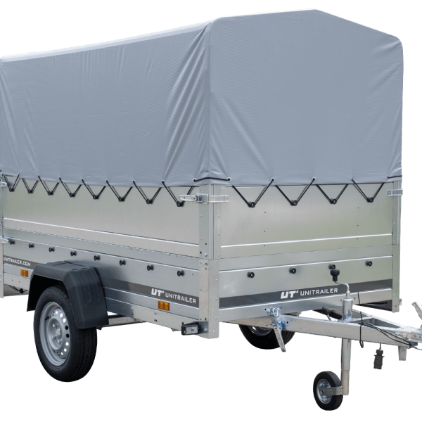 UNITRAILER Garden 230/R KIPP – PKW-Anhänger 230,4 × 125,6 cm – 750 kg – Einachser – mit Blattfederung – 80 cm hohe graue Plane – Zusatzbordwände: zusätzliche Vollwand-Stahlbordwände – Ansicht 1