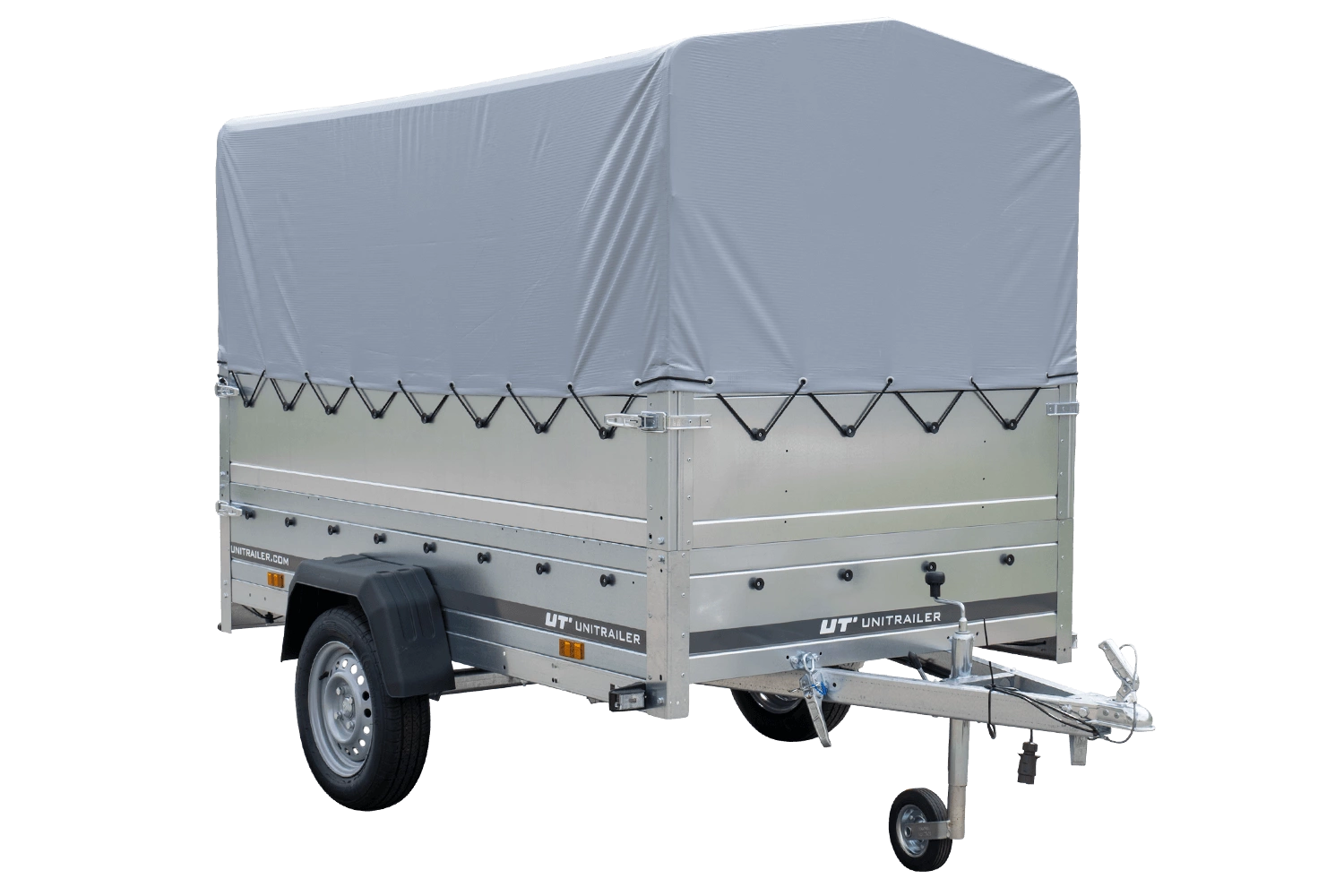 UNITRAILER Garden 230/R KIPP – PKW-Anhänger 230,4 × 125,6 cm – 750 kg – Einachser – mit Blattfederung – 80 cm hohe graue Plane – Zusatzbordwände: zusätzliche Vollwand-Stahlbordwände – Ansicht 1