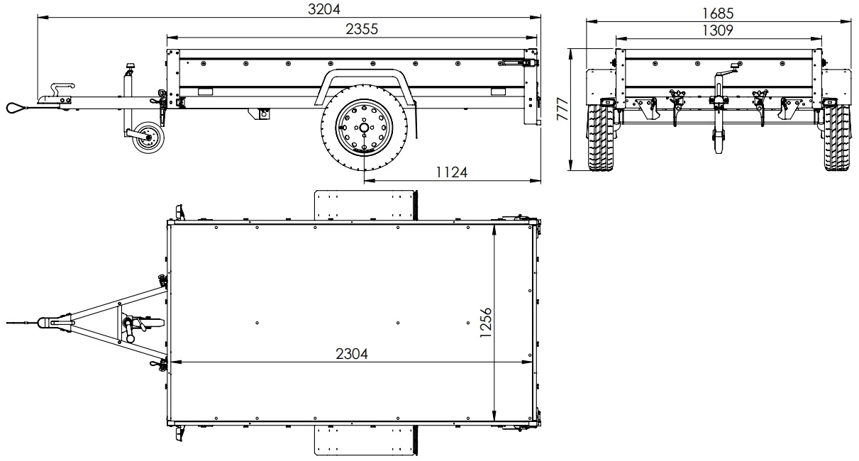 UNITRAILER Garden 230/R KIPP – PKW-Anhänger 230,4 × 125,6 cm – 750 kg – Einachser – mit Blattfederung – 80 cm hohe graue Plane – Zusatzbordwände: zusätzliche Vollwand-Stahlbordwände – Ansicht 2
