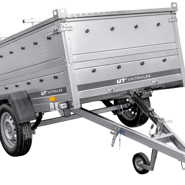 UNITRAILER Garden 230/R KIPP – PKW-Anhänger 230,4 × 125,6 cm – 750 kg – Einachser – mit Blattfederung – Aluminiumhaube – Zusatzbordwände: zusätzliche Vollwand-Stahlbordwände – Ansicht 1