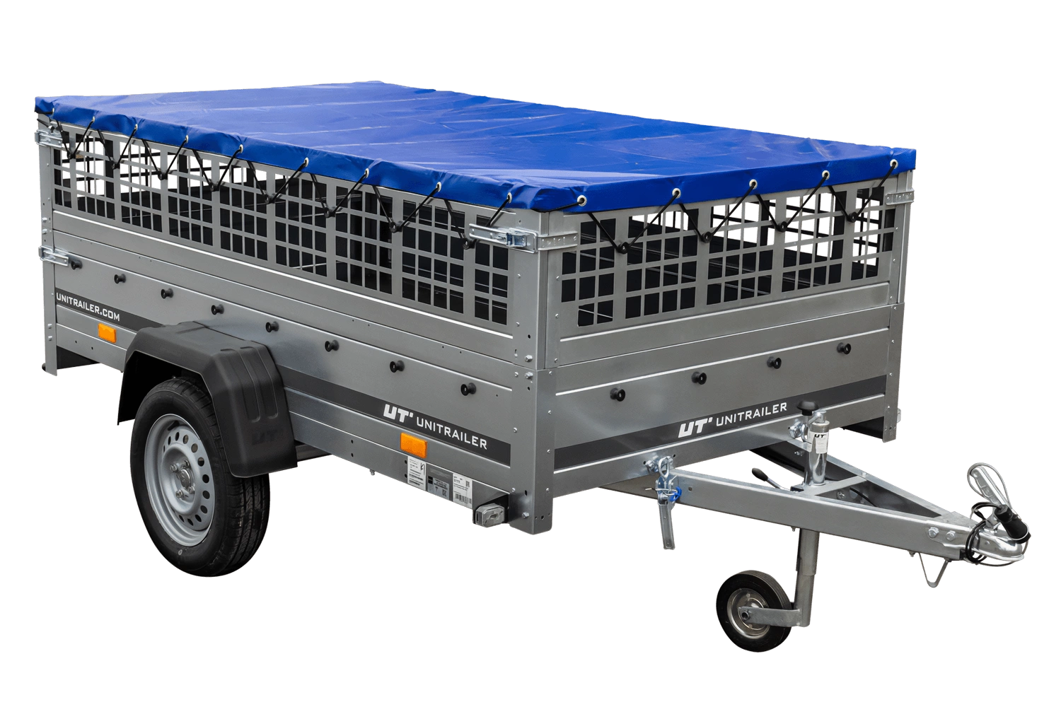 UNITRAILER Garden 230/R KIPP – PKW-Anhänger 230,4 × 125,6 cm – 750 kg – Einachser – mit Blattfederung – flache blaue Plane – Zusatzbordwände: Stahlgitterbordwände – mit Flachplanenträger – Ansicht 1