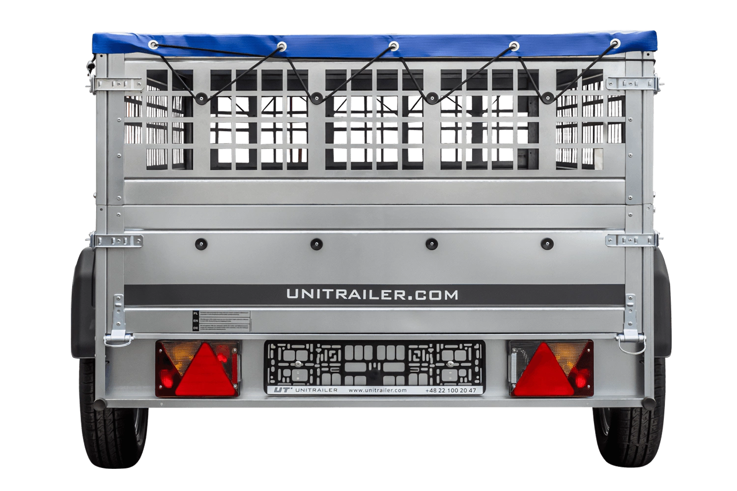 UNITRAILER Garden 230/R KIPP – PKW-Anhänger 230,4 × 125,6 cm – 750 kg – Einachser – mit Blattfederung – flache blaue Plane – Zusatzbordwände: Stahlgitterbordwände – mit Flachplanenträger – Ansicht 5