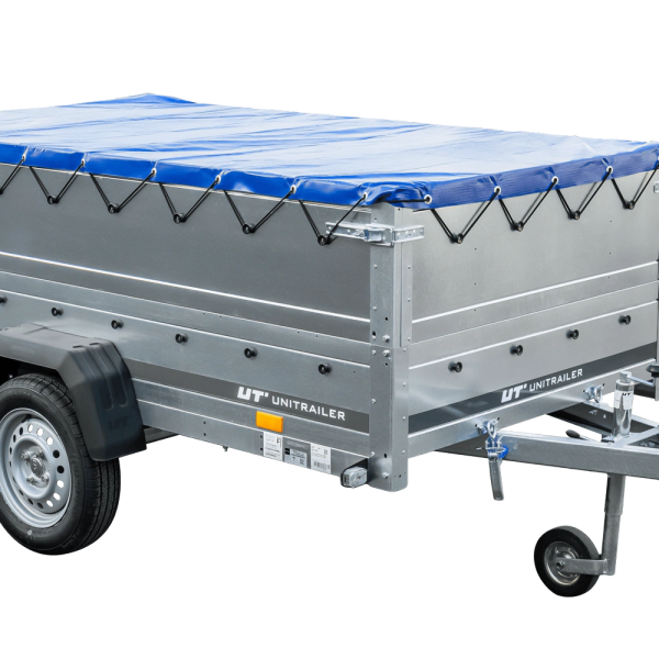 UNITRAILER Garden 230/R KIPP – PKW-Anhänger 230,4 × 125,6 cm – 750 kg – Einachser – mit Blattfederung – flache blaue Plane – Zusatzbordwände: zusätzliche Vollwand-Stahlbordwände – mit Flachplanenträger – Ansicht 1