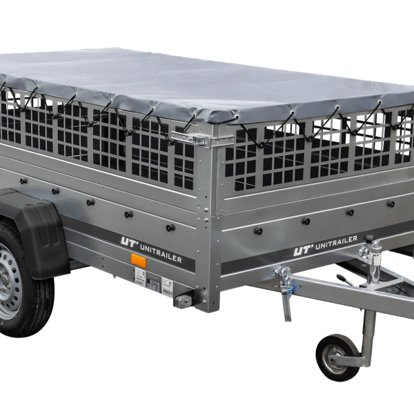 UNITRAILER Garden 230/R KIPP – PKW-Anhänger 230,4 × 125,6 cm – 750 kg – Einachser – mit Blattfederung – flache graue Plane – Zusatzbordwände: Stahlgitterbordwände – mit Flachplanenträger – Ansicht 1