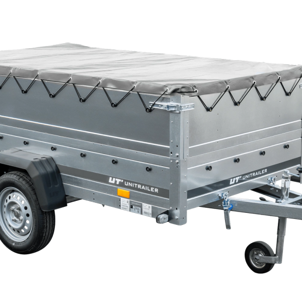 UNITRAILER Garden 230/R KIPP – PKW-Anhänger 230,4 × 125,6 cm – 750 kg – Einachser – mit Blattfederung – flache graue Plane – Zusatzbordwände: zusätzliche Vollwand-Stahlbordwände – mit Flachplanenträger – Ansicht 1