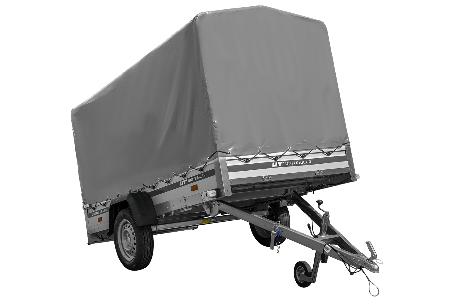 UNITRAILER Garden 264 KIPP ALU – PKW-Anhänger 264,1 × 125,6 cm – 750 kg – Einachser – 110 cm hohe graue Plane – Ansicht 1