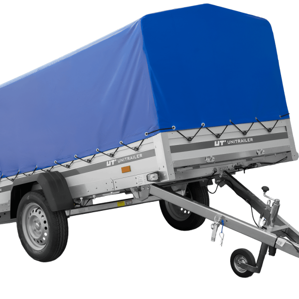 UNITRAILER Garden 264 KIPP ALU – PKW-Anhänger 264,1 × 125,6 cm – 750 kg – Einachser – 80 cm hohe blaue Plane – Ansicht 1
