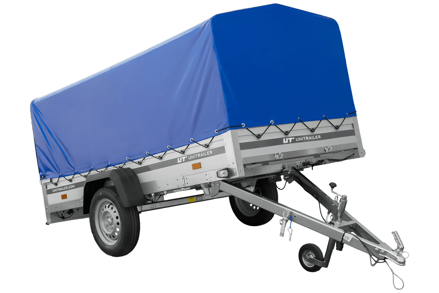 UNITRAILER Garden 264 KIPP ALU – PKW-Anhänger 264,1 × 125,6 cm – 750 kg – Einachser – 80 cm hohe blaue Plane – Ansicht 1