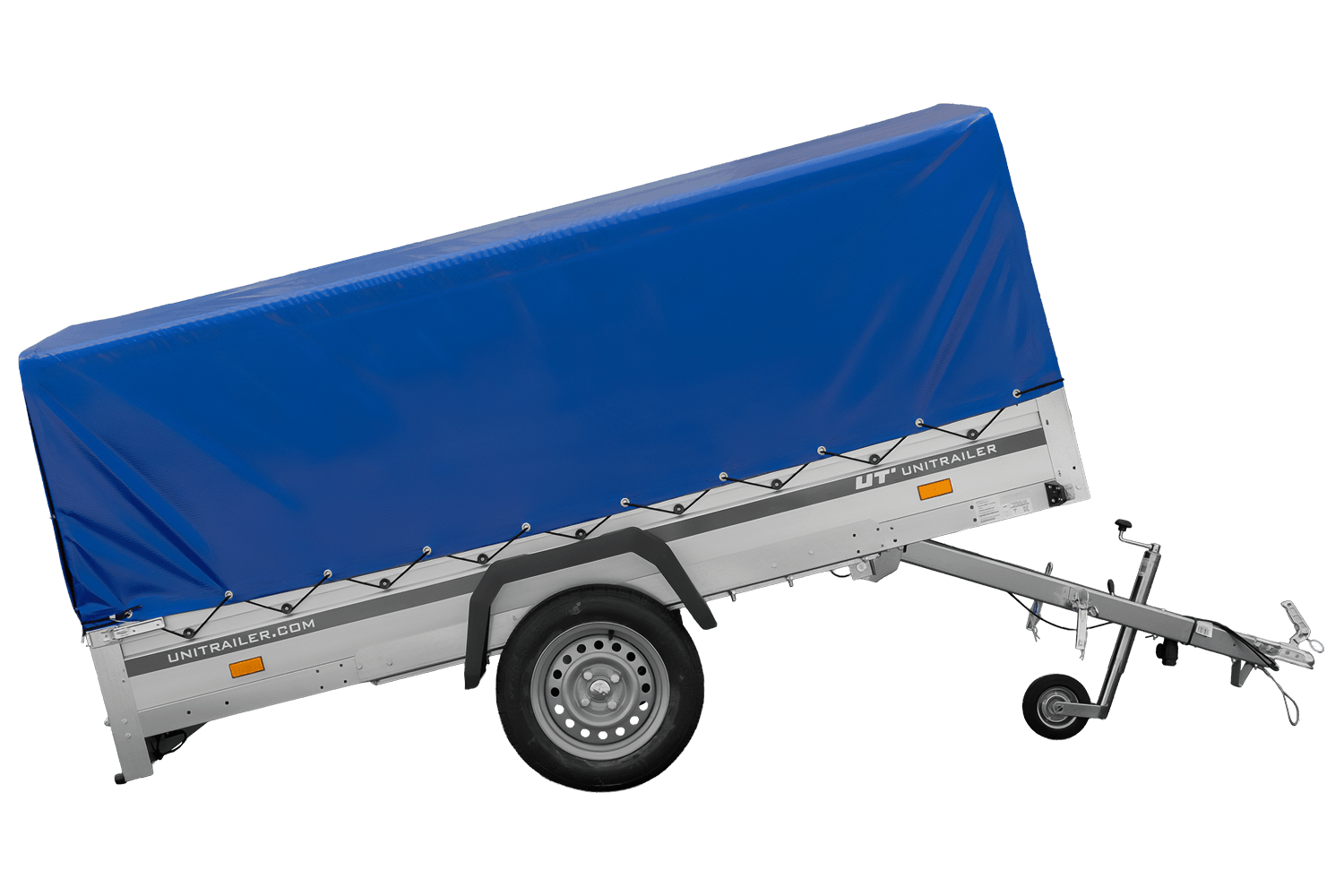 UNITRAILER Garden 264 KIPP ALU – PKW-Anhänger 264,1 × 125,6 cm – 750 kg – Einachser – 80 cm hohe blaue Plane – Ansicht 4