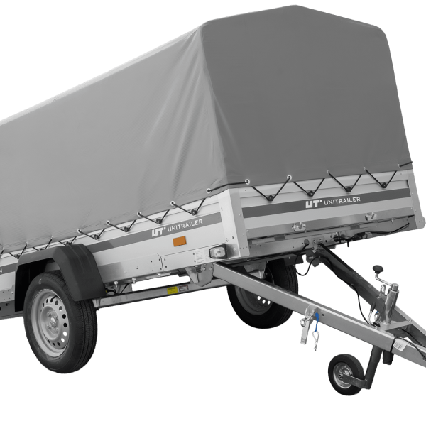 UNITRAILER Garden 264 KIPP ALU – PKW-Anhänger 264,1 × 125,6 cm – 750 kg – Einachser – 80 cm hohe graue Plane – Ansicht 1