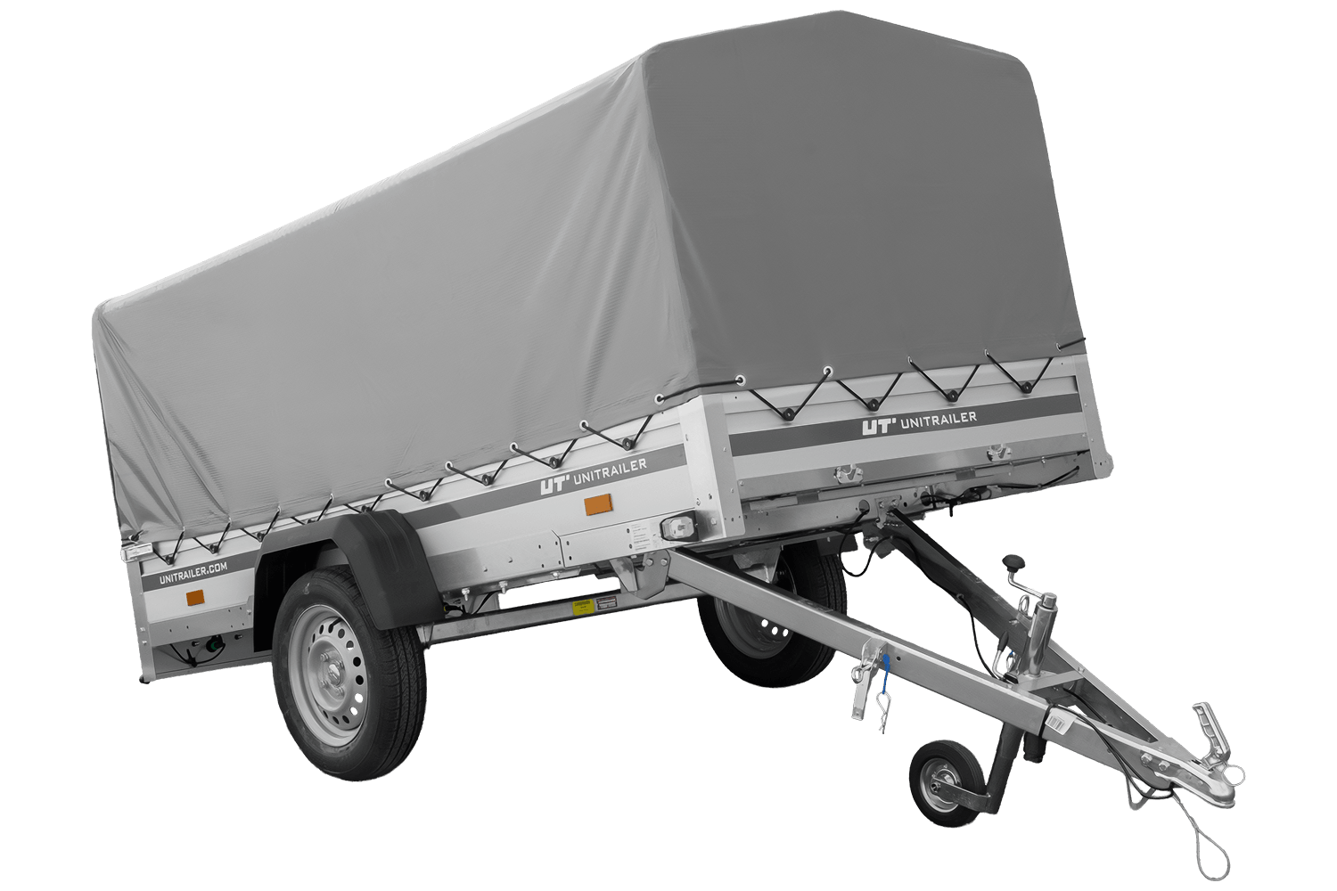 UNITRAILER Garden 264 KIPP ALU – PKW-Anhänger 264,1 × 125,6 cm – 750 kg – Einachser – 80 cm hohe graue Plane – Ansicht 1