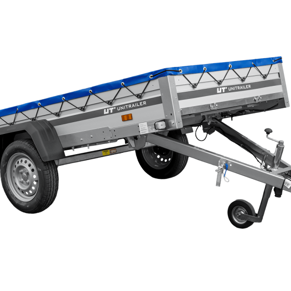 UNITRAILER Garden 264 KIPP ALU – PKW-Anhänger 264,1 × 125,6 cm – 750 kg – Einachser – flache blaue Plane – Ansicht 1